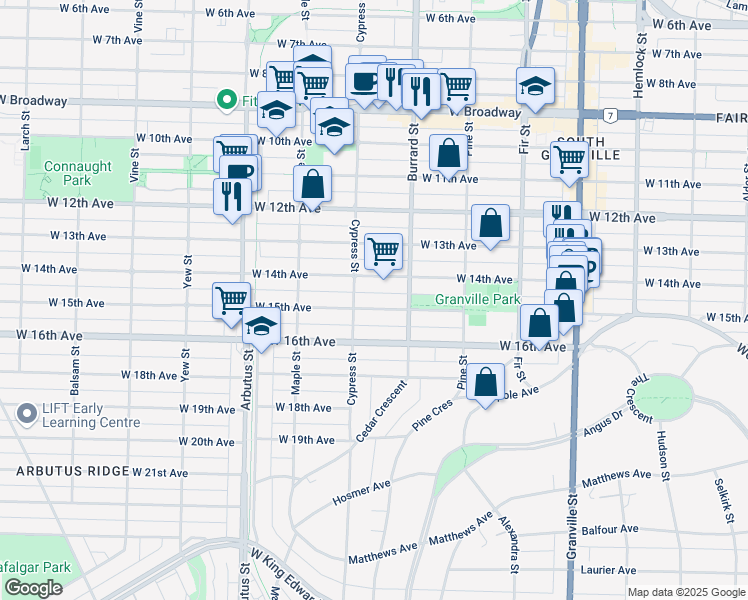 map of restaurants, bars, coffee shops, grocery stores, and more near 1865 West 15th Avenue in Vancouver
