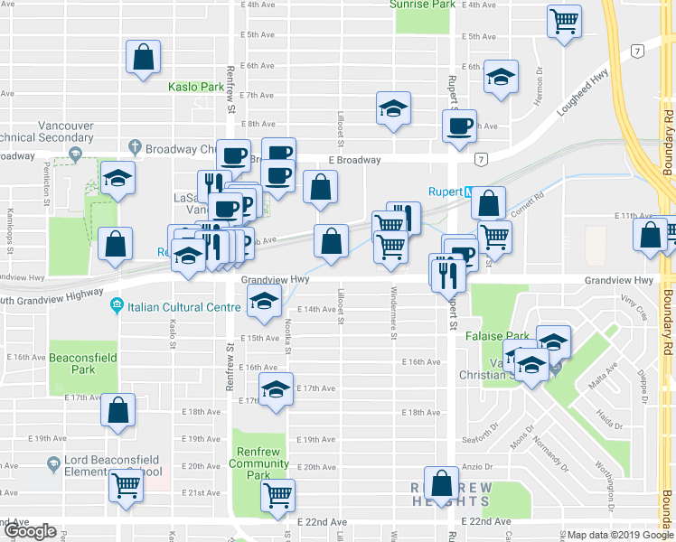 map of restaurants, bars, coffee shops, grocery stores, and more near 3089 Grandview Highway in Vancouver
