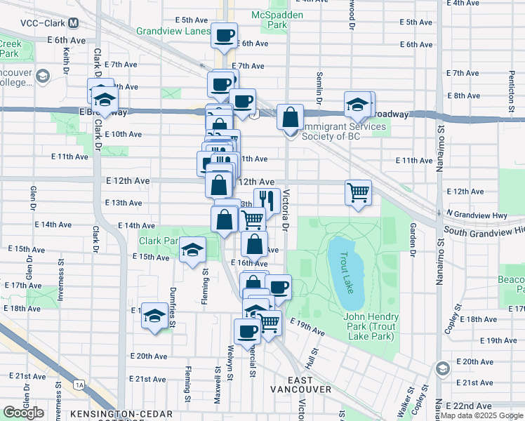 map of restaurants, bars, coffee shops, grocery stores, and more near 1824 East 13th Avenue in Vancouver