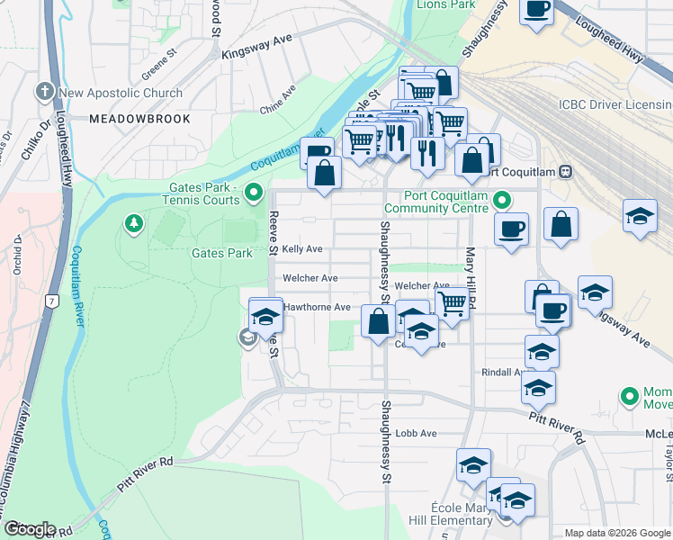map of restaurants, bars, coffee shops, grocery stores, and more near 2393 Welcher Avenue in Port Coquitlam
