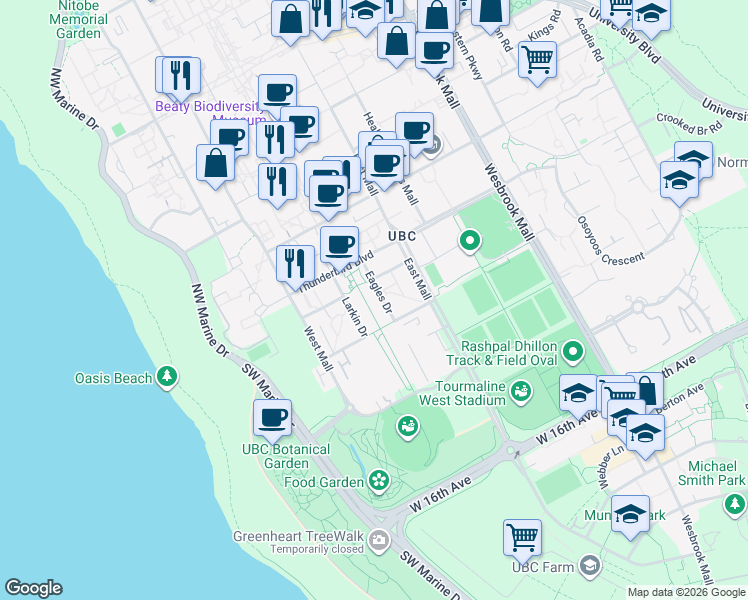 map of restaurants, bars, coffee shops, grocery stores, and more near in Vancouver