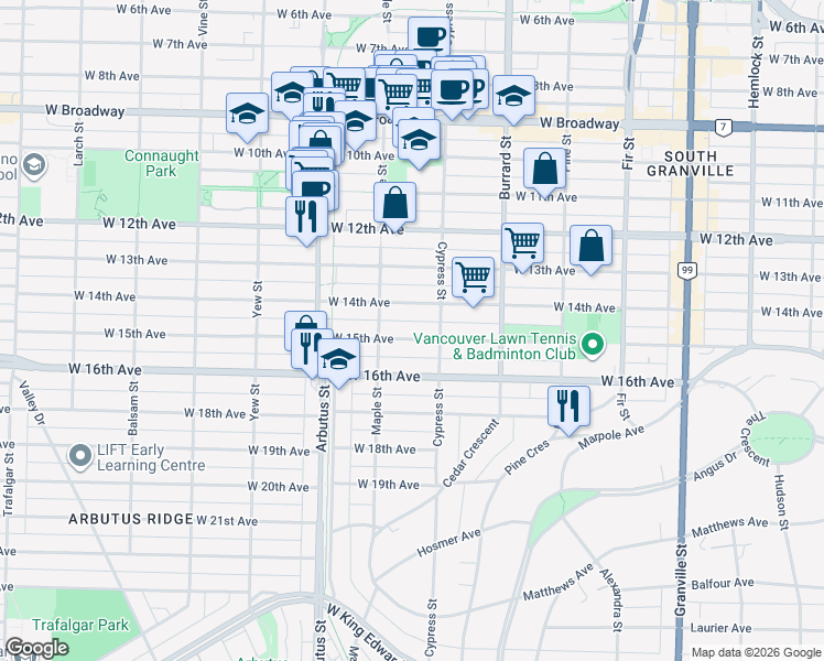 map of restaurants, bars, coffee shops, grocery stores, and more near 1945 West 15th Avenue in Vancouver