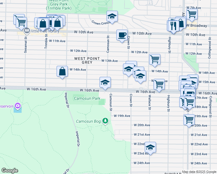 map of restaurants, bars, coffee shops, grocery stores, and more near 3186 Camosun Street in Vancouver