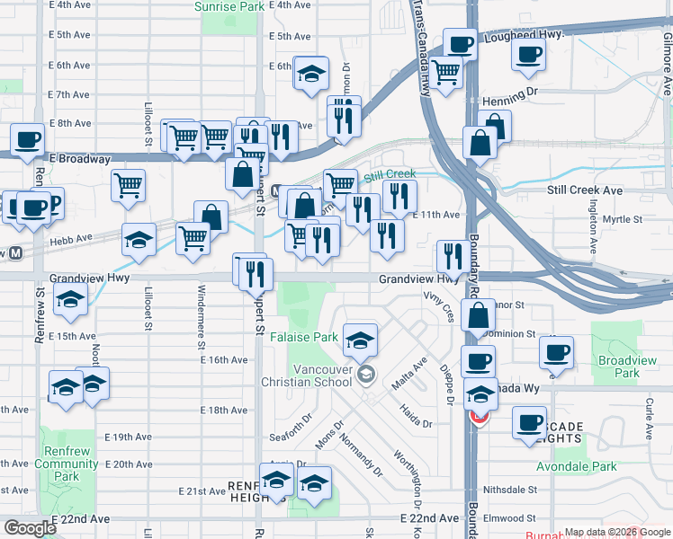 map of restaurants, bars, coffee shops, grocery stores, and more near 2898 Natal Street in Vancouver