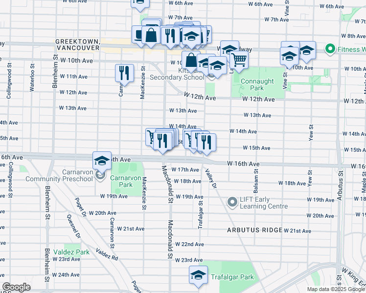 map of restaurants, bars, coffee shops, grocery stores, and more near 2702 West 15th Avenue in Vancouver
