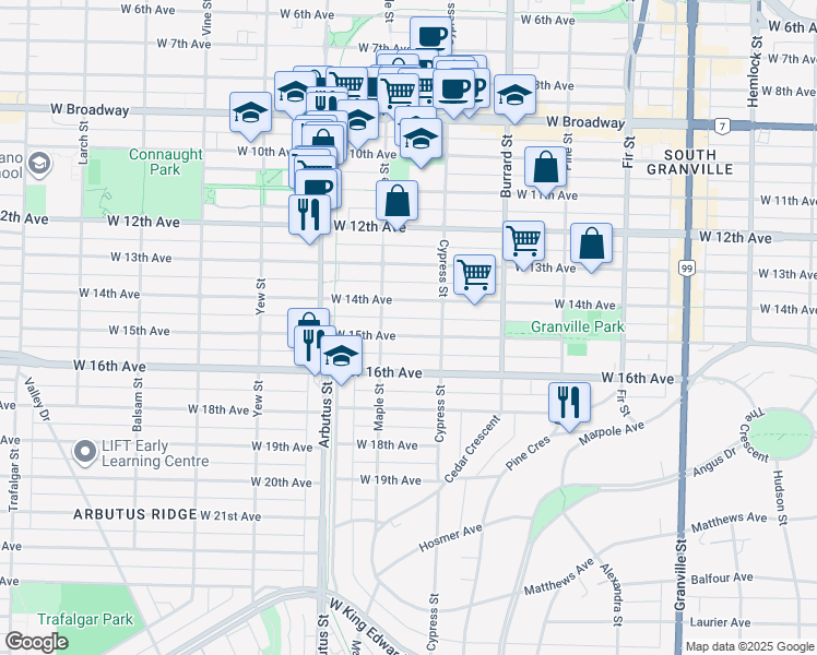 map of restaurants, bars, coffee shops, grocery stores, and more near 1957 West 15th Avenue in Vancouver