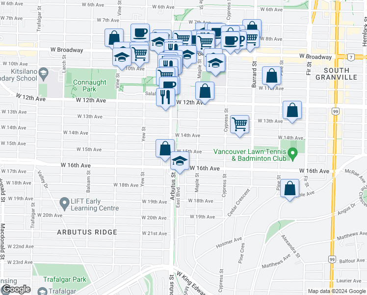 map of restaurants, bars, coffee shops, grocery stores, and more near 2049 West 15th Avenue in Vancouver
