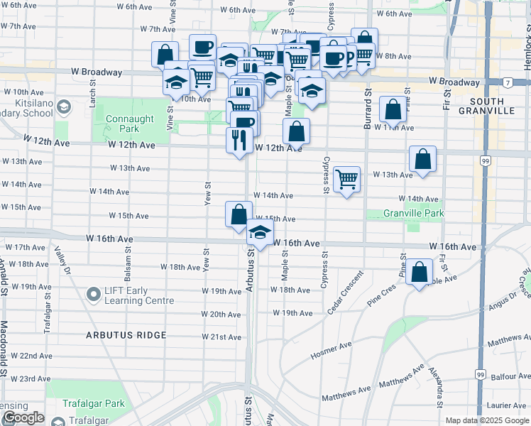 map of restaurants, bars, coffee shops, grocery stores, and more near 2049 West 15th Avenue in Vancouver