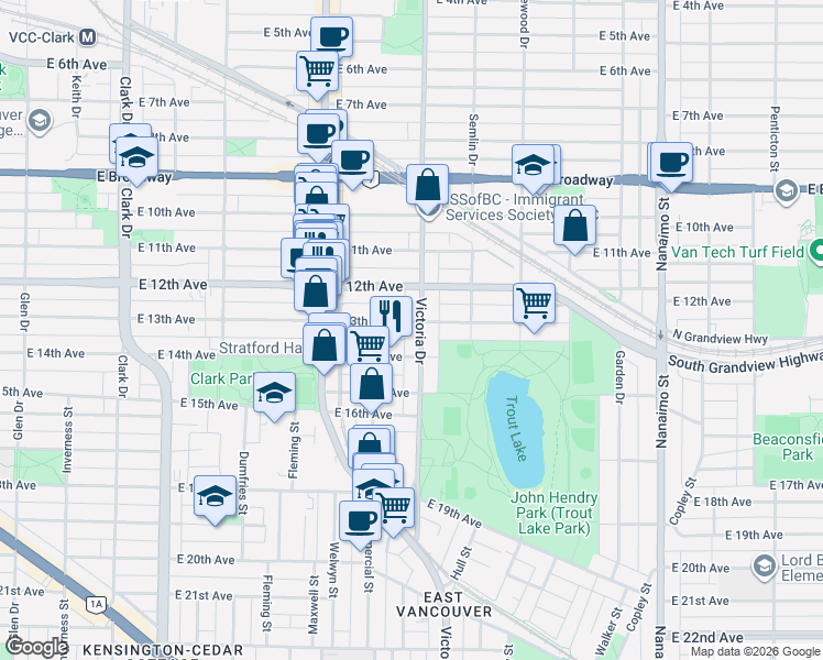 map of restaurants, bars, coffee shops, grocery stores, and more near 2915 Victoria Drive in Vancouver