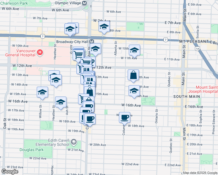 map of restaurants, bars, coffee shops, grocery stores, and more near 332 West 14th Avenue in Vancouver