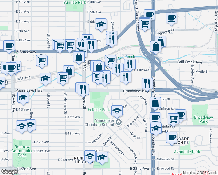 map of restaurants, bars, coffee shops, grocery stores, and more near 2898 Natal Street in Vancouver
