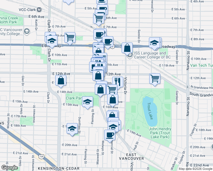 map of restaurants, bars, coffee shops, grocery stores, and more near 1744 East 13th Avenue in Vancouver