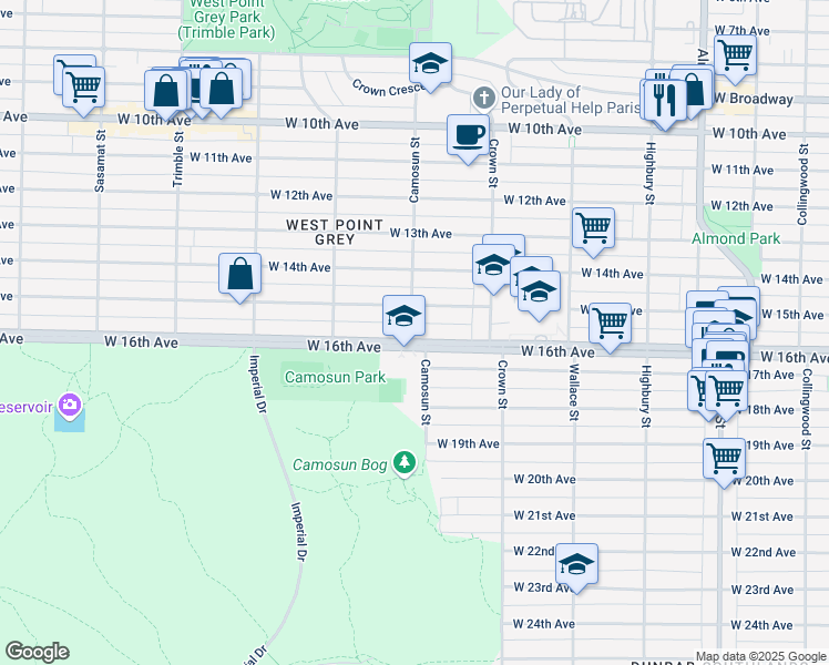 map of restaurants, bars, coffee shops, grocery stores, and more near 3188 Camosun Street in Vancouver