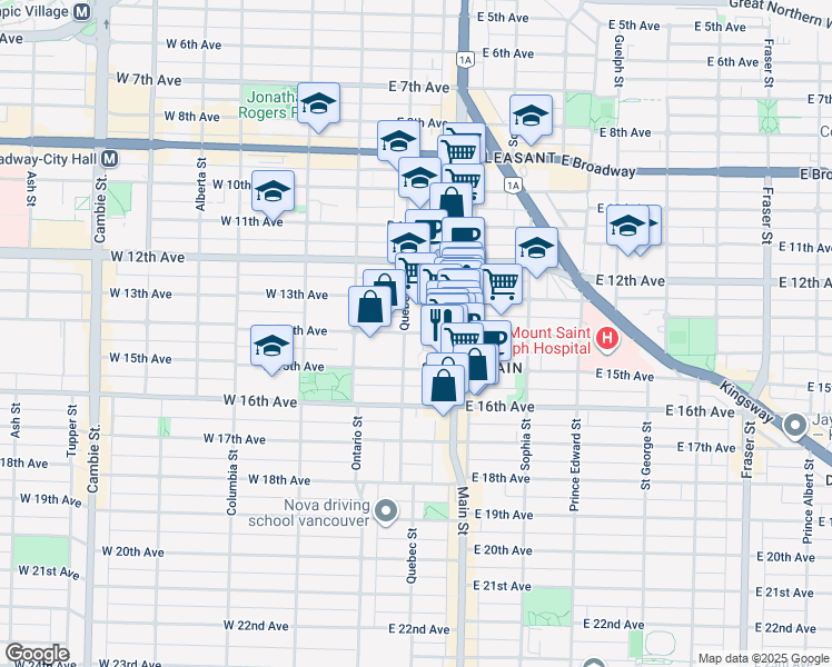 map of restaurants, bars, coffee shops, grocery stores, and more near 116 East 14th Avenue in Vancouver
