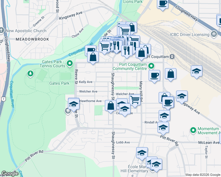 map of restaurants, bars, coffee shops, grocery stores, and more near 2375 Shaughnessy Street in Port Coquitlam