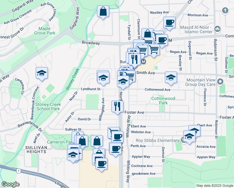 map of restaurants, bars, coffee shops, grocery stores, and more near 2849 North Road in Burnaby