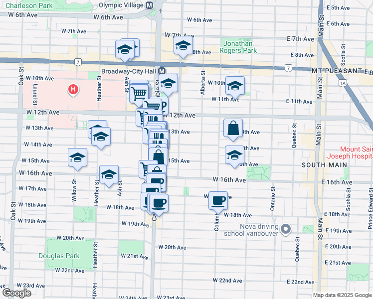 map of restaurants, bars, coffee shops, grocery stores, and more near 350 West 14th Avenue in Vancouver