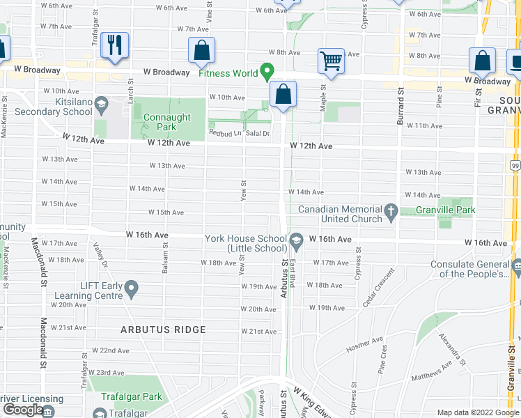 map of restaurants, bars, coffee shops, grocery stores, and more near 2155 West 15th Avenue in Vancouver