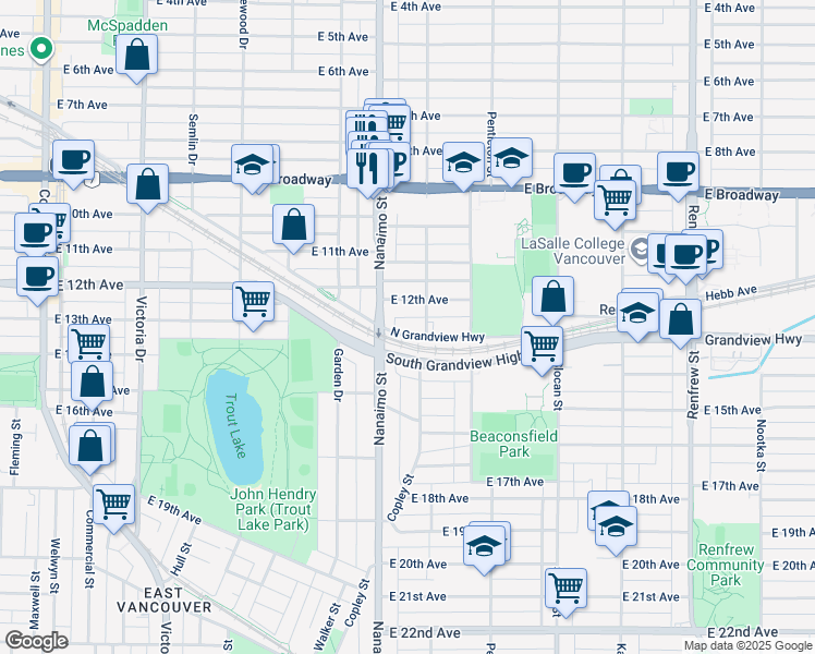 map of restaurants, bars, coffee shops, grocery stores, and more near 2451 North Grandview Highway in Vancouver