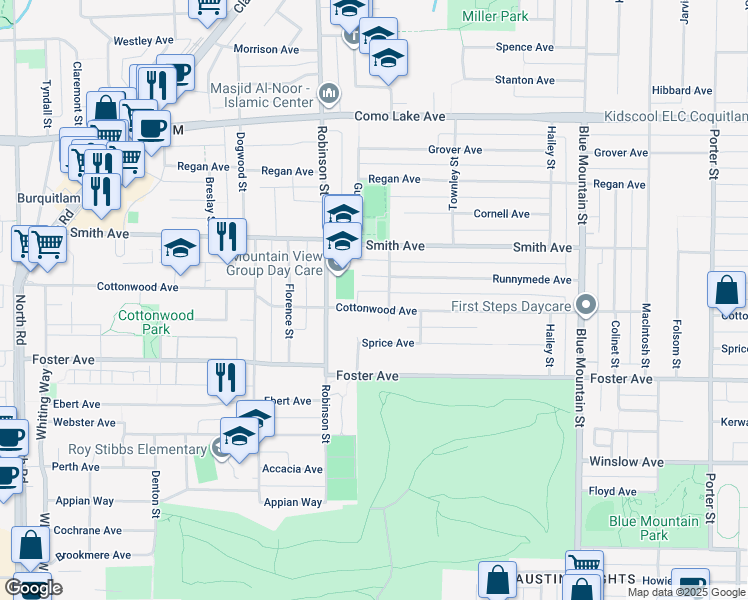 map of restaurants, bars, coffee shops, grocery stores, and more near 761 Cottonwood Avenue in Coquitlam