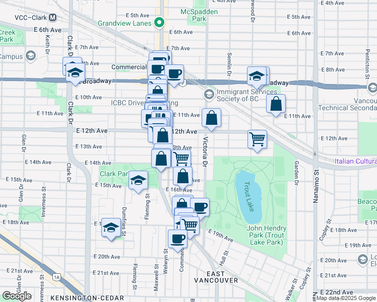 map of restaurants, bars, coffee shops, grocery stores, and more near 1826 East 13th Avenue in Vancouver