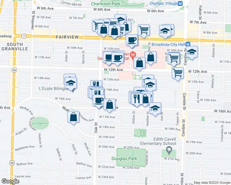 map of restaurants, bars, coffee shops, grocery stores, and more near 3031 Laurel Street in Vancouver