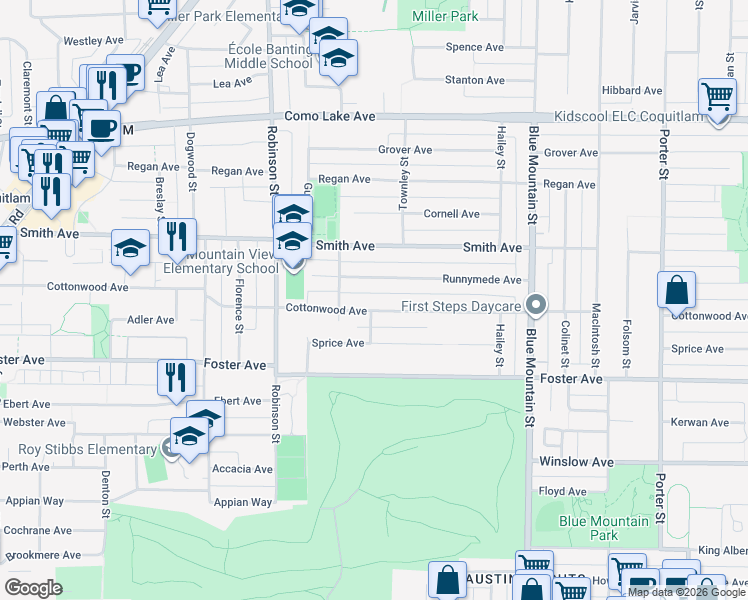 map of restaurants, bars, coffee shops, grocery stores, and more near 817 Cottonwood Avenue in Coquitlam