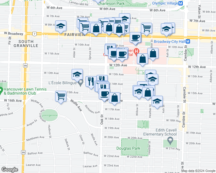 map of restaurants, bars, coffee shops, grocery stores, and more near 3030 Oak Street in Vancouver