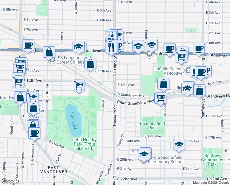 map of restaurants, bars, coffee shops, grocery stores, and more near 2880 Nanaimo Street in Vancouver