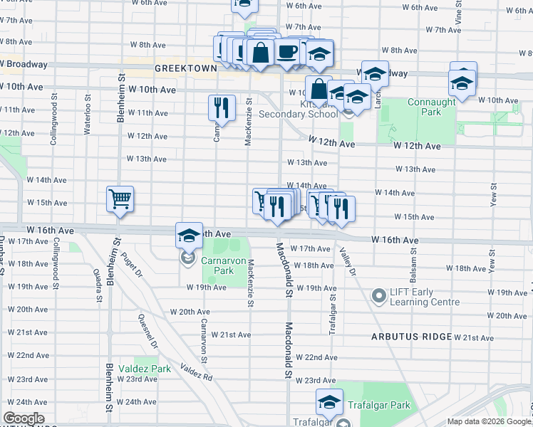 map of restaurants, bars, coffee shops, grocery stores, and more near 2826 West 15th Avenue in Vancouver