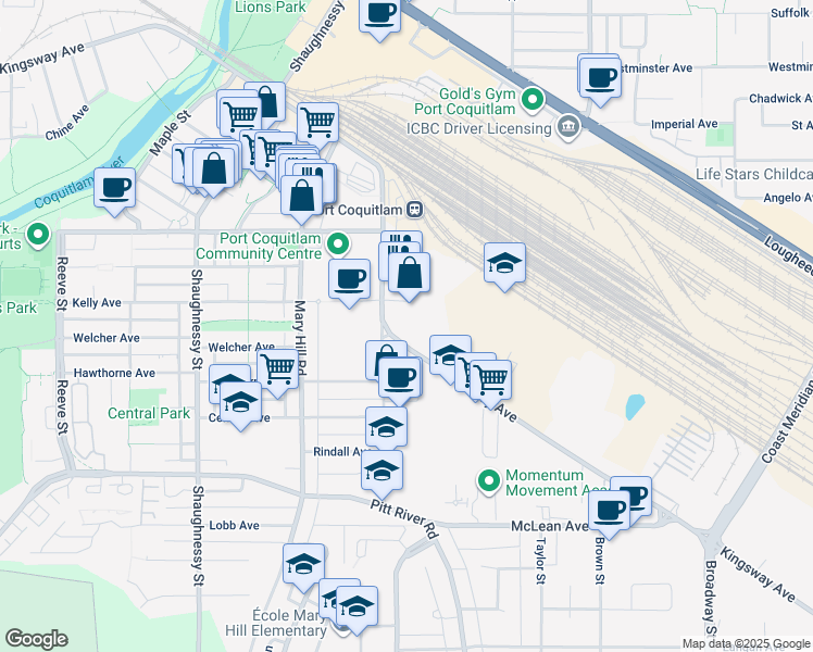 map of restaurants, bars, coffee shops, grocery stores, and more near 2071 Kingsway Avenue in Port Coquitlam