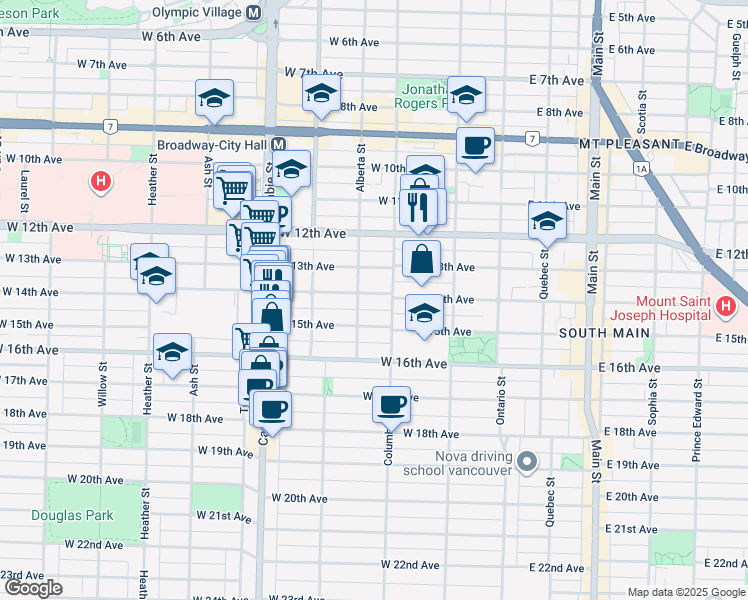 map of restaurants, bars, coffee shops, grocery stores, and more near 230 West 14th Avenue in Vancouver