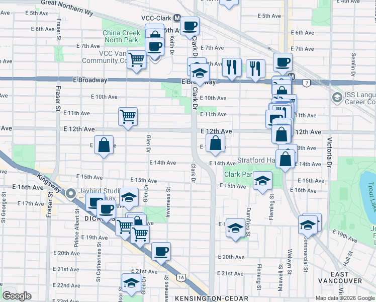 map of restaurants, bars, coffee shops, grocery stores, and more near 1278 East 13th Avenue in Vancouver