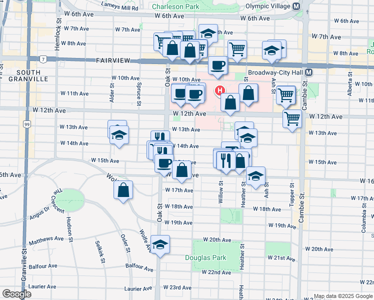 map of restaurants, bars, coffee shops, grocery stores, and more near 3019 Laurel Street in Vancouver