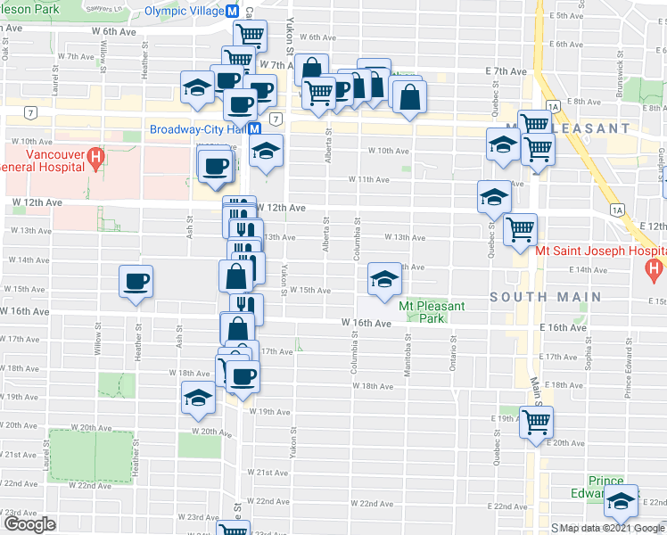 map of restaurants, bars, coffee shops, grocery stores, and more near 258 West 14th Avenue in Vancouver
