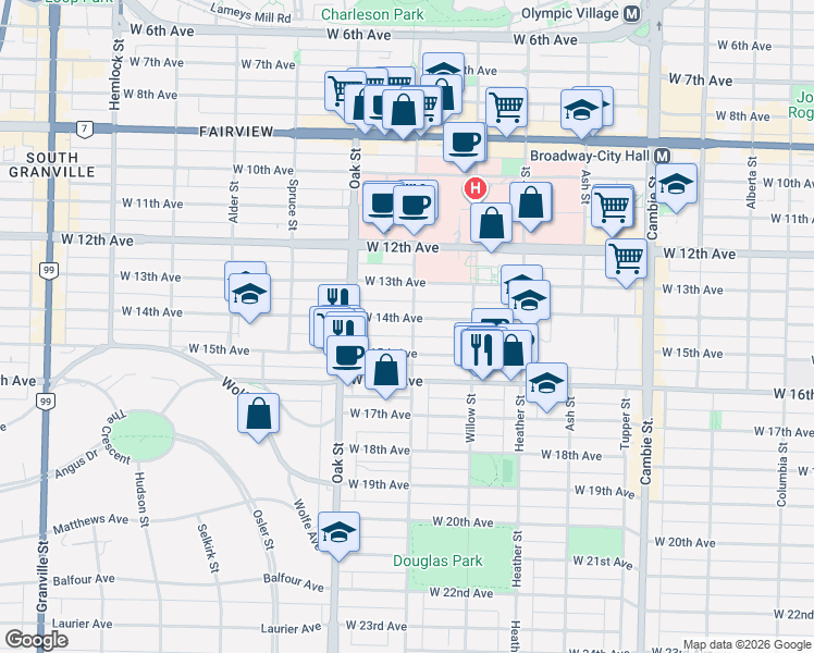 map of restaurants, bars, coffee shops, grocery stores, and more near 3009 Laurel Street in Vancouver
