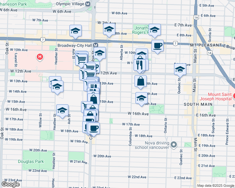 map of restaurants, bars, coffee shops, grocery stores, and more near 316 West 14th Avenue in Vancouver