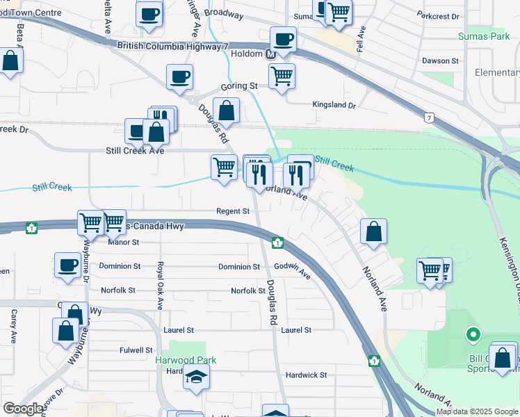map of restaurants, bars, coffee shops, grocery stores, and more near 5589 Regent Street in Burnaby