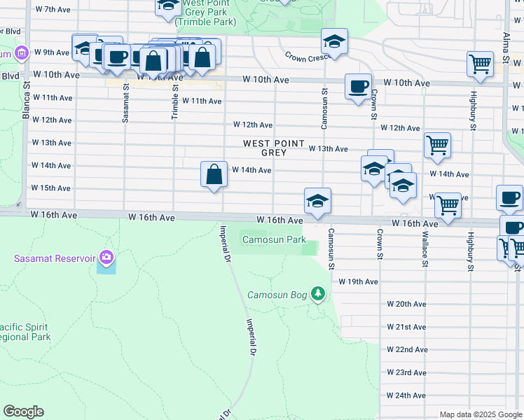map of restaurants, bars, coffee shops, grocery stores, and more near 4217 West 16th Avenue in Vancouver