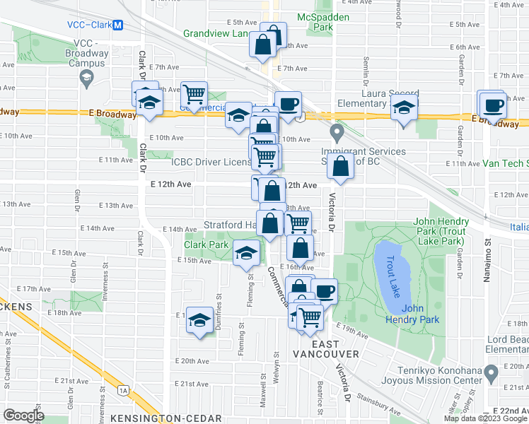 map of restaurants, bars, coffee shops, grocery stores, and more near 2915 Commercial Drive in Vancouver