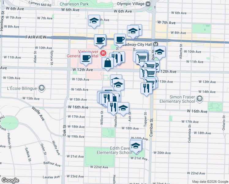 map of restaurants, bars, coffee shops, grocery stores, and more near 700 West 14th Avenue in Vancouver
