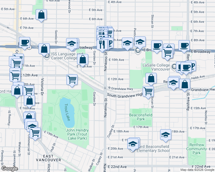 map of restaurants, bars, coffee shops, grocery stores, and more near in Vancouver