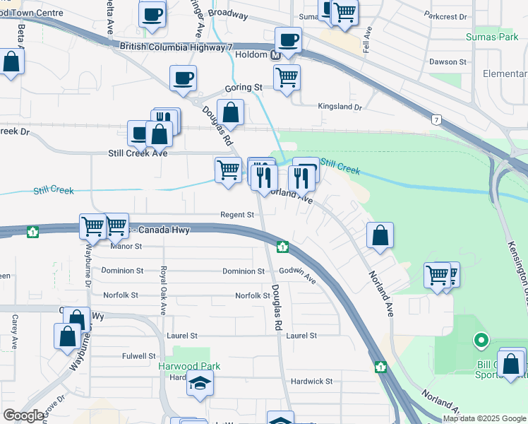 map of restaurants, bars, coffee shops, grocery stores, and more near 5589 Regent Street in Burnaby