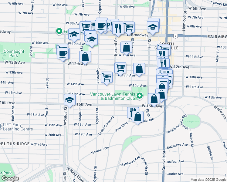 map of restaurants, bars, coffee shops, grocery stores, and more near 3083 Burrard Street in Vancouver