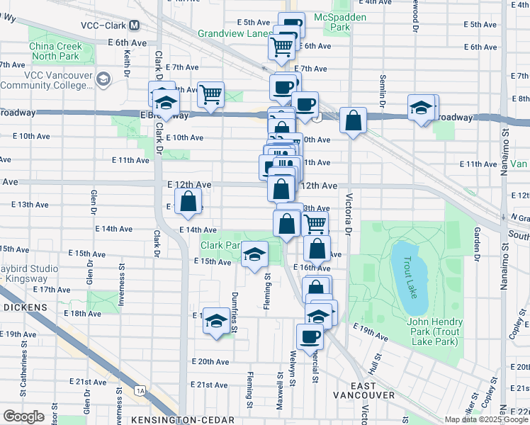 map of restaurants, bars, coffee shops, grocery stores, and more near 1630 East 13th Avenue in Vancouver