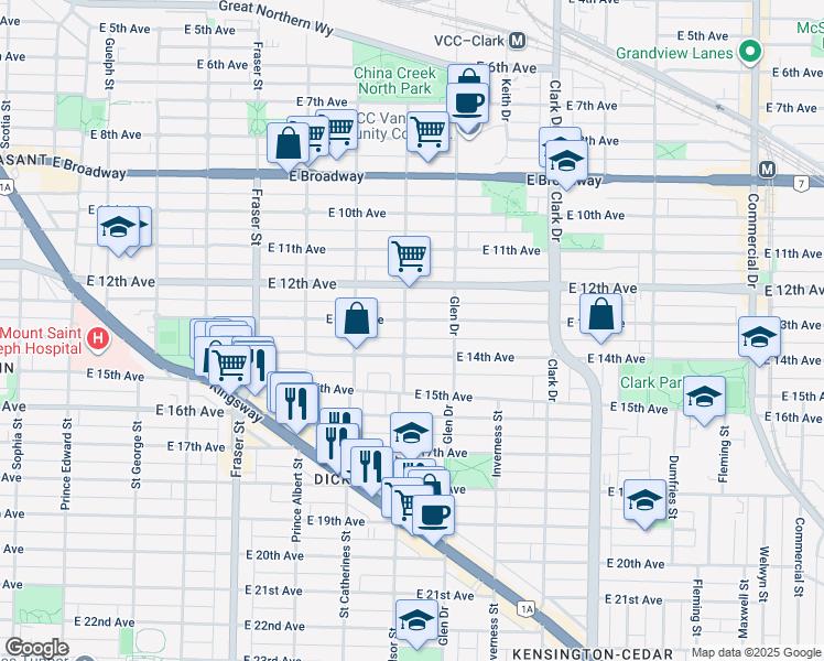 map of restaurants, bars, coffee shops, grocery stores, and more near 1070 East 13th Avenue in Vancouver