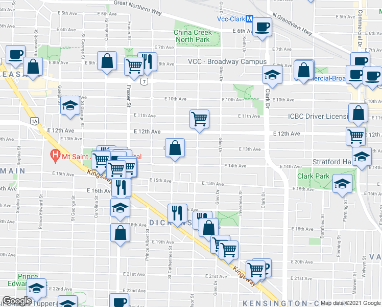 map of restaurants, bars, coffee shops, grocery stores, and more near in Vancouver