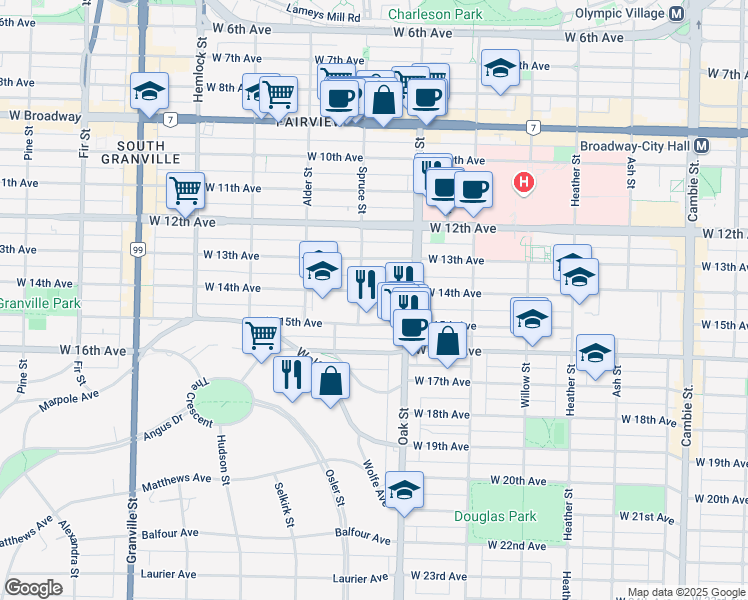 map of restaurants, bars, coffee shops, grocery stores, and more near in Vancouver