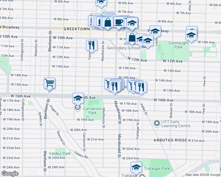 map of restaurants, bars, coffee shops, grocery stores, and more near in Vancouver