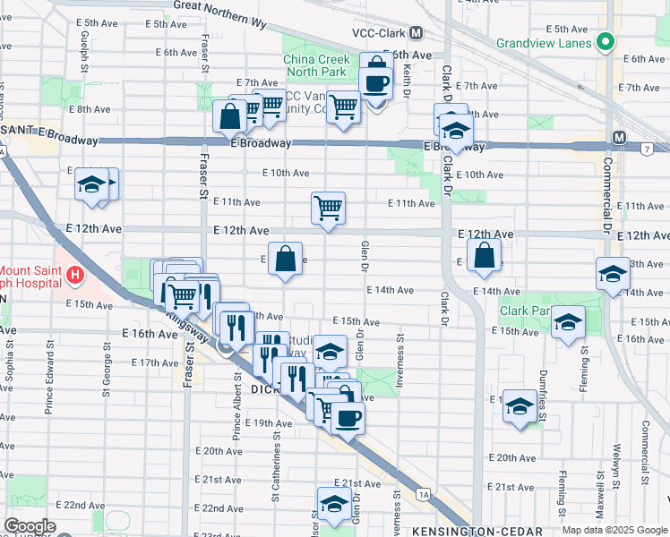 map of restaurants, bars, coffee shops, grocery stores, and more near 1022 East 13th Avenue in Vancouver